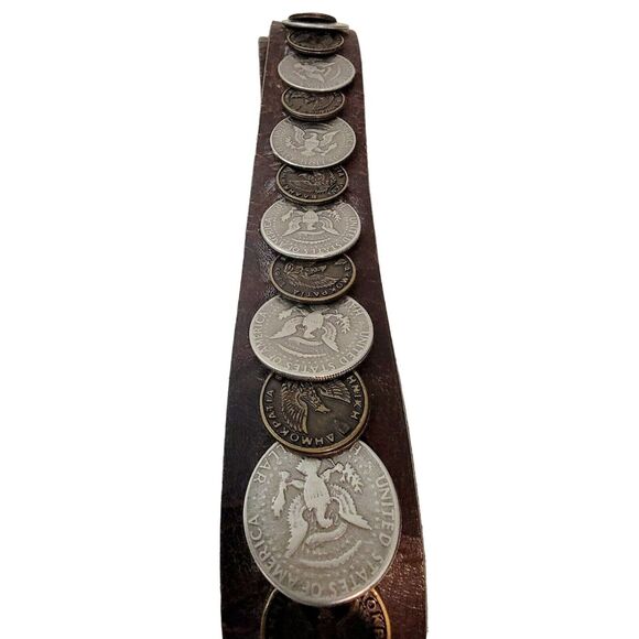 Vintage Trafalgar Italian Coin Belt Crackle Leather Bronze Rustic Sz L Brown - Picture 11 of 13